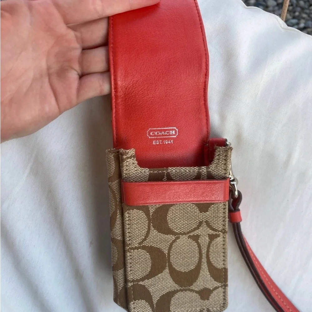 Coach Signature Canvas Wristlet Wallet in Khaki with Orange Accent